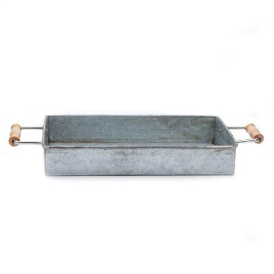 Vintage Square Metal Galvanized Party Serving Tray With Wooden Handles