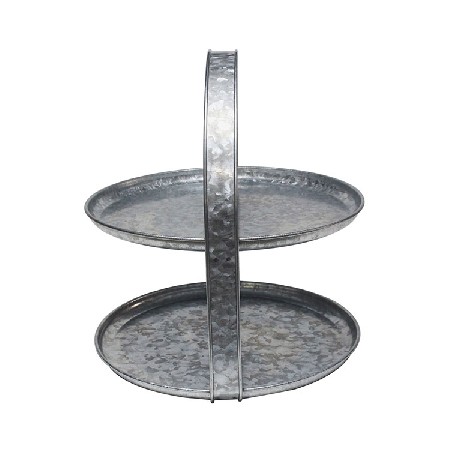 Home Kitchen French Country Style Galvanized Silver Metal Oval 2 tiered serving stand