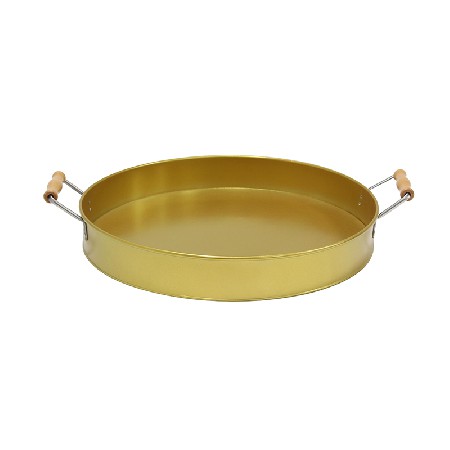 Round Galvanized Metal Party Serving Tray with Wooden Handles