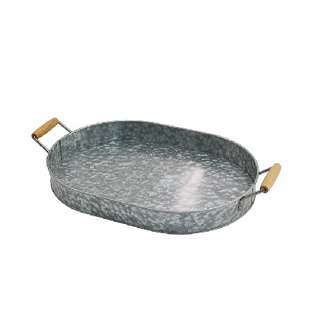 Gray Galvanized Metal Tray with wood Ear Handles