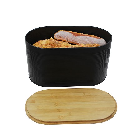 Vintage Unique Metal Matte Black Bread Bin with Bamboo Lid